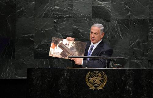 (140929) -- NEW YORK, Sept. 29, 2014 (Xinhua) -- Israeli Prime Minister Benjamin Netanyahu speaks during the general debate of the 69th session of the United Nations General Assembly, at the UN headquarters in New York, on Sept. 29, 2014. Israeli Prime Minister Benjamin Netanyahu on Monday lashed out at militant Islamists in a speech at the United Nations, saying Palestinian militant group Hamas and the Islamic State (IS) "share a fanatical creed". (Xinhua/Yin Bogu)