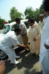 Bahujan Samaj Party (BSP) supremo Mayawati arrives at the Parliament in New Delhi on Aug 12, 2014. (Photo: IANS)