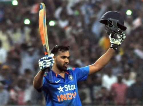 Kolkata: Indian batsman Rohit Sharma celebrates his double century during the 4th ODI between India and Sri Lanka at the Eden Gardens in Kolkata, on Nov 13, 2014. (Photo: Kuntal Chakrabarty/IANS)