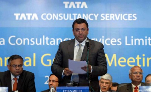 Tata Consultancy Services ( TCS) CEO N Chandrasekaran and Tata Group Chairman Cyrus Mistry during Annual General Meeting of TCS in Mumbai