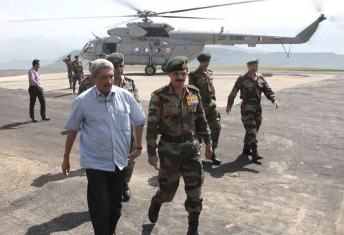Union Minister for Defence Manohar Parrikar accompanied by the Chief of Army Staff, General Dalbir Singh 