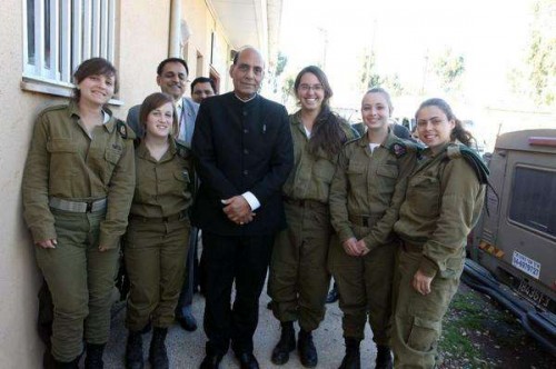 Israel: Union Home Minister, Rajnath Singh with female soldiers at an Israeli border outpost on Nov 7, 2014. 