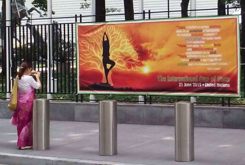 Banners announcing the International Day of Yoga are festooned at the United Nations headquarters in New York.