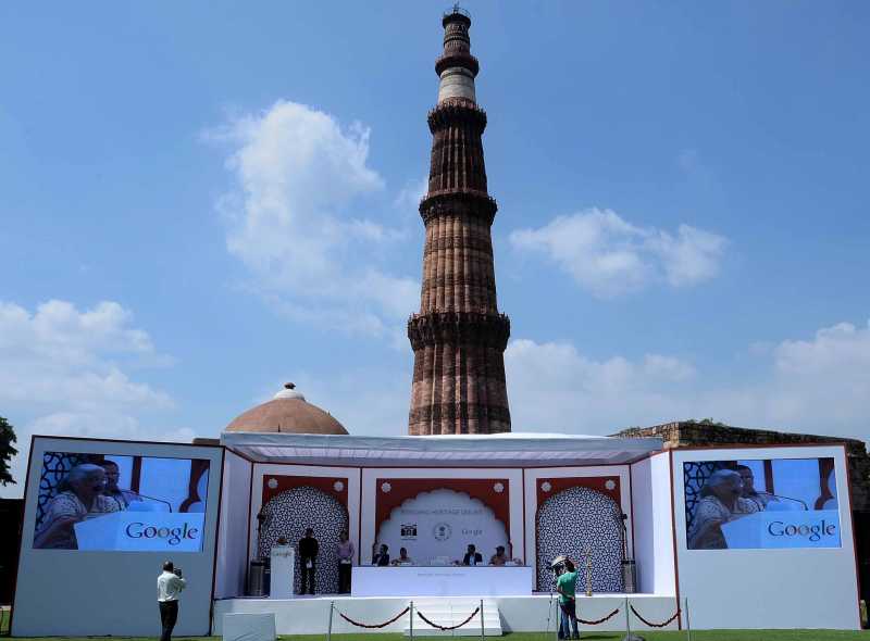 Ministry Of Culture and Archaeological Survey of India partner with Google Inc. to make 100 iconic heritage sites of India available online for the world at Qutb Minar in New Delhi on Oct. 3, 2013. (Photo: IANS)