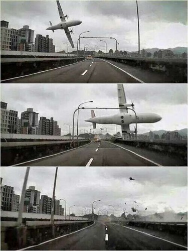 TAIPEI, Feb. 4, 2015 (Xinhua) -- Combined photos taken by an automobile data recorder shows an airplane crashes over a bridge in Taipei, southeast China's Taiwan, Feb. 4, 2015. A plane of the Taiwan TransAsia Airways came down into a Taipei river Wednesday, with more than 50 people on board, confirmed the civil aviation authorities of Taiwan. Contact with the ATR-72 Flight, scheduled from Taipei to Kinmen, lost at about 11 a.m. Then the plane was found in the river by the Nanhu Bridge. (Xinhua/IANS)