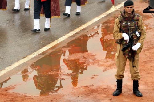 A soldier stands guard during Republic Day celebrations at Rajpath in New Delhi, on Jan 26, 2015. 