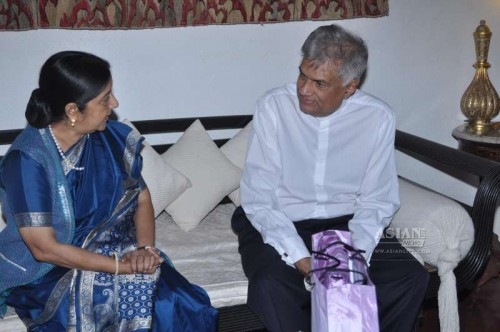 Union External Affairs Minister Sushma Swaraj calls on Sri Lankan Prime Minister Ranil Wickremesinghe in Colombo, Sri Lanka on March 7, 2015.