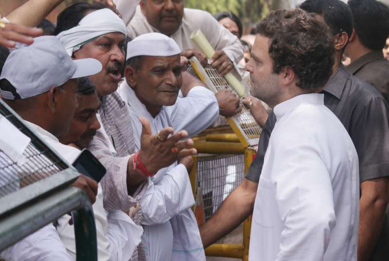 Congress vice president Rahul Gandhi meeting farmers at his residence in New Delhi on April 18, 2015.