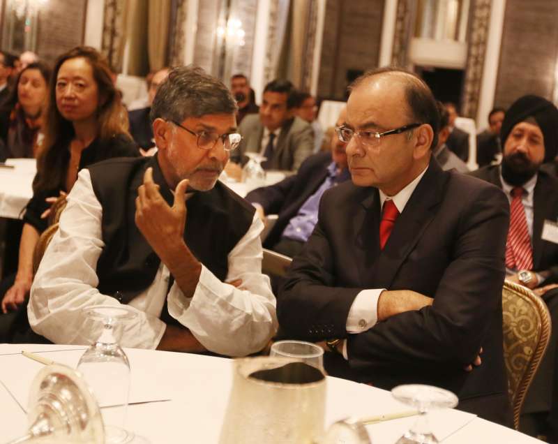 Union Minister for Finance, Corporate Affairs, and Information and Broadcasting Arun Jaitley and Nobel laureate Kailash Satyarthi at the Waldorf Astoria New York in US 