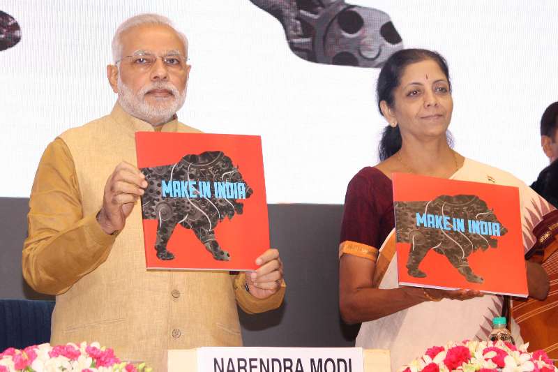 Prime Minister Narendra Modi with Union Minister of State for Commerce & Industry (Independent Charge), Finance and Corporate Affairs, Nirmala Sitharaman launching "Make in India" campaign in New Delhi on Sept. 25, 2014.