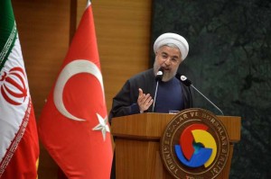  Iranian President Hassan Rouhani delivers a speech during his visit to the Union of Chambers and Commodity Exchanges of Turkey in Ankara, Turkey, June 10,2014. Rouhani paid a landmark visit to Turkey on June 9. During the visit, the two countries signed a series of agreements in the field of trade, investment and energy and agreed to boost trade volume to 30 billion U.S. dollars by 2015. 