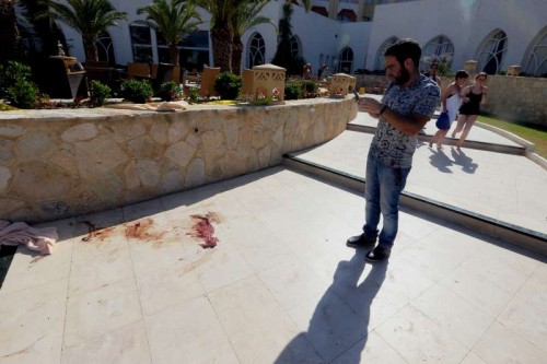 Blood is seen in the attacked hotel in Sousse, Tunisia, June 26, 2015. The victim toll grew to 37 killed, 36 injured including 3 in critical situation, in deadly hotel attack in Tunisia's Sousse