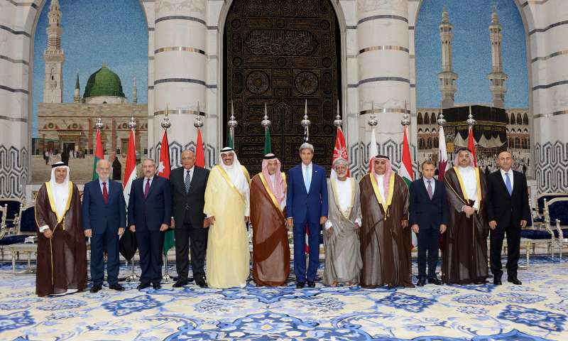  The foreign ministers of 10 Arab countries, Turkey and the United States pose for a group photo in Jeddah, Saudi Arabia