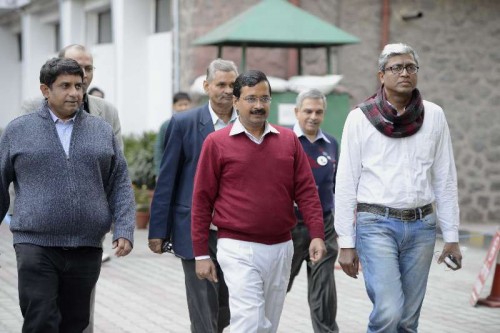  AAP chief Arvind Kejriwal and other leaders at Election Commission in New Delhi on Jan. 31, 2015. 