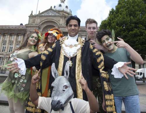 UNITY IN DIVERSITY: Lord Mayor of Birmingham Cllr Shafique Shah gets ready for the Lord Mayors Show with students from the Birmingham Ormiston Academy dressed as Shakesperian Caharcters. (l-r) Laura Ward, Bradley Layton, Rosanne Zwane, Lauren Kelloway and Zach Hayes.