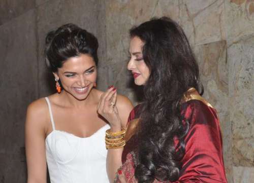 Actresses Deepika Padukone and Rekha during the screening of film 'Ram-Leela'