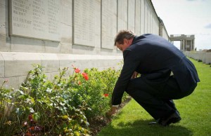 UK PM David Cameron meets with Richard Nichol from the Commonwealth War Graves Association and Harry Mount at Dud Corner Cemetery in France.