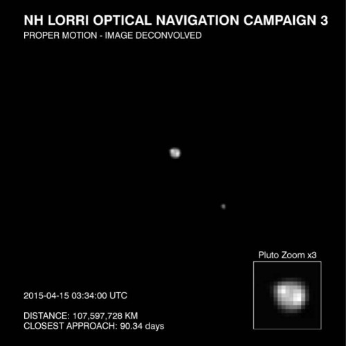 This image of Pluto and it largest moon, Charon, was taken by the Long Range Reconnaissance Imager (LORRI) on NASA’s New Horizons spacecraft on April 15, 2015. The image is part of several taken between April 12-18, as the spacecraft’s distance from Pluto decreased from about 69 million miles (111 million kilometers) to 64 million miles (104 million kilometers). Credits: NASA/JHU-APL/SwRI