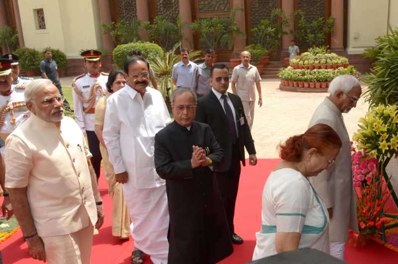 President Pranab Mukherjee with Vice President Hamid Ansari, Prime Minister Narendra Modi, Lok Sabha speaker Sumitra Mahajan and Union Parliamentary Affairs Minister M Venkaiah Naidu attending both the House of Parliament at Central Hall in Parliament House 