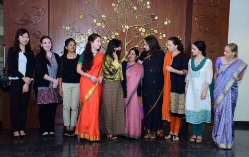 External Affairs Minister Sushma Swaraj meets a group of foreign students from 15 different nations studying in India on ICCR scholarship in New Delhi 