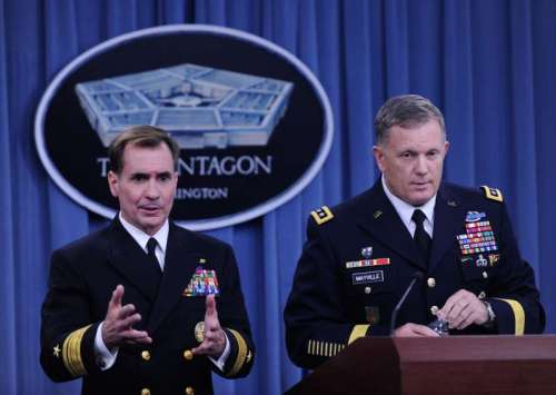 -- Pentagon Press Secretary John Kirby (L) speaks during a briefing at the Pentagon in Washington D.C., capital of the United States, Sept. 23, 2014. The airstrikes on the Islamic State (IS) targets in Syria overnight Monday were "only the beginning" of a coalition effort of the Unites States and its Arabic allies in the anti-IS fight, a Pentagon spokesman said Tuesday. Meanwhile, U.S. Lieutenant General William Mayville detailed the airstrikes, saying that the initial attack came in three waves. The first was launched from sea by cruise missiles followed by waves of U.S. and Arab bombers and fighters. 