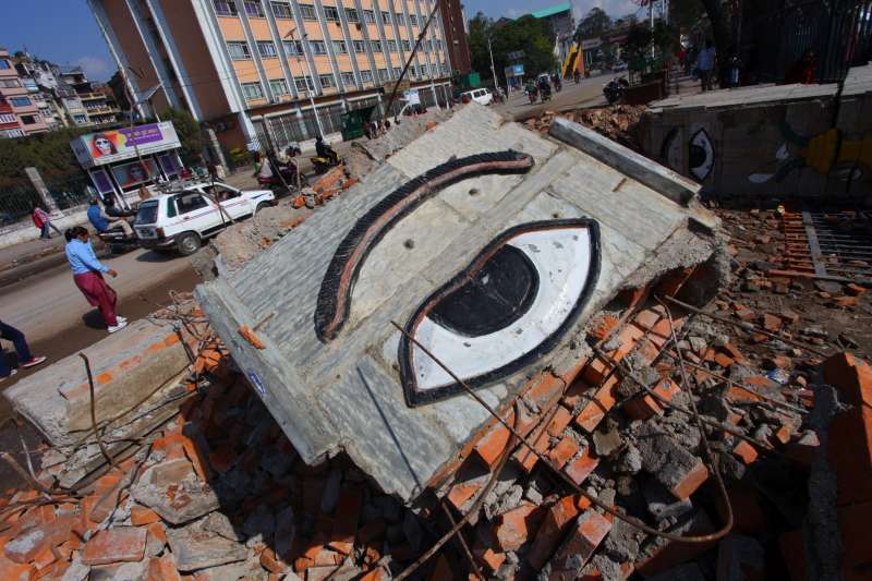 Photo shows fallen pillars lying on the ground after a massive earthquake at Tudikhel in Kathmandu, Nepal. A total of 3,218 people had been killed and about 6,500 others injured in the powerful earthquake that struck Nepal