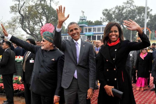  Prime Minister Narendra Modi with US President Barack Obama and the First Lady Michelle Obama at the venue of Republic Day celebrations at Rajpath in New Delhi, on Jan 26, 2015. 