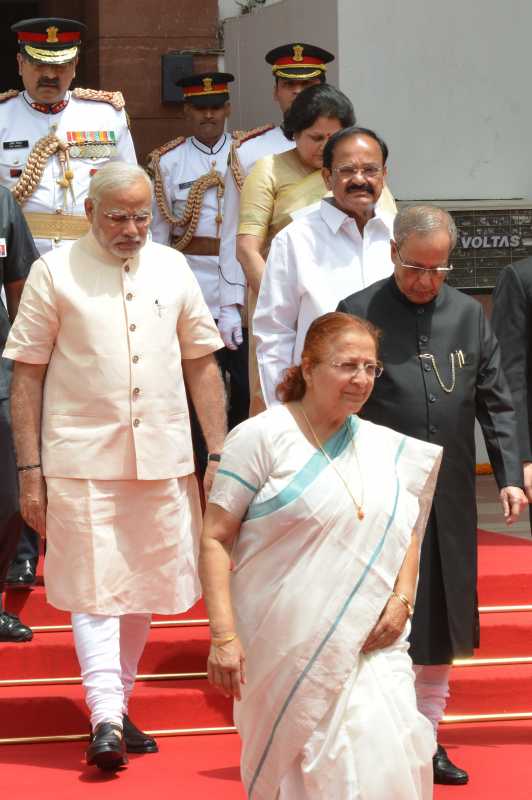 President Pranab Mukherjee with Vice President Hamid Ansari, Prime Minister Narendra Modi, Lok Sabha speaker Sumitra Mahajan and Union Parliamentary Affairs Minister M Venkaiah Naidu attending both the House of Parliament at Central Hall in Parliament House