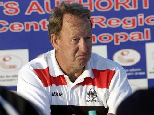 Coach of Indian Menâ??s Hockey Team Terry Walsh addresses a press conference. 