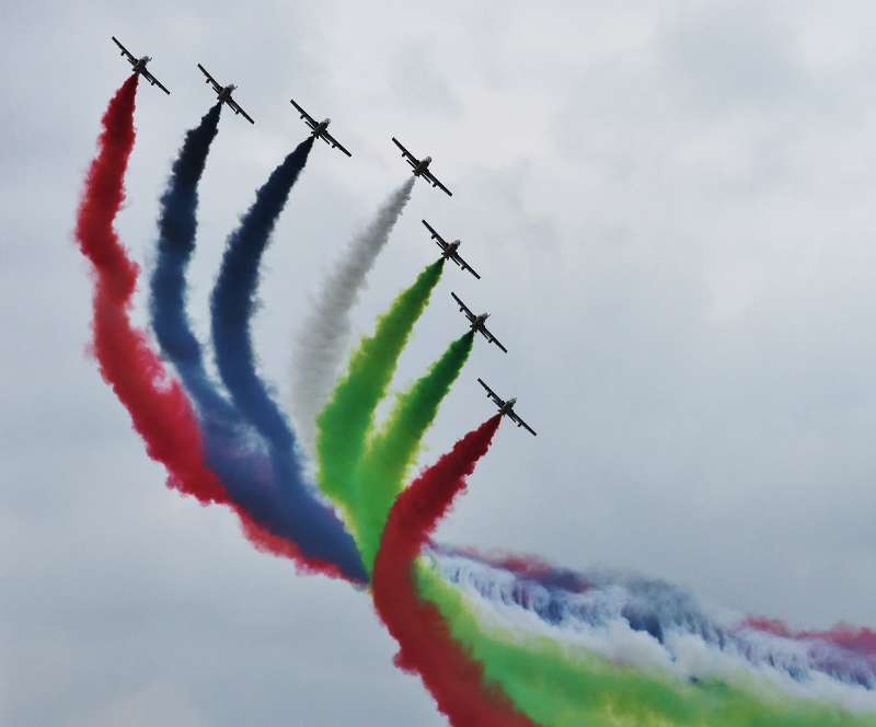  The UAE Aerobatic Display Team "Knights" perform during a military show to celebrate the 43rd anniversary of the founding of the United Arab Emirates (UAE) in Abu Dhabi, capital of the UAE, on Dec. 1, 2014. The UAE greets its national foundation day 