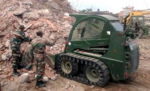 Indian Army Engineers involved in the rescue operation, at Barpak, in Nepal 