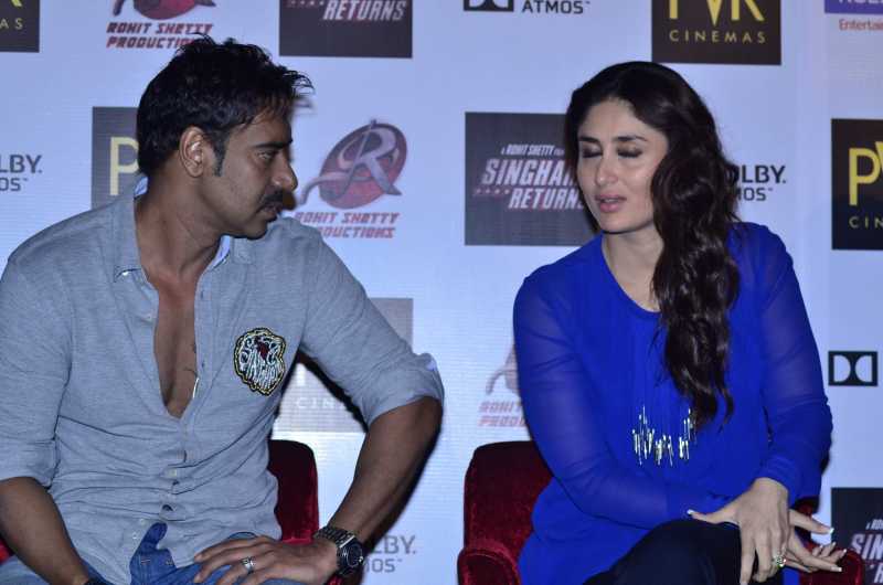 Actors Ajay Devgan, Kareena Kapoor during the launch of film Singham Returns in Mumbai on 30 July 2014. (Photo: IANS)