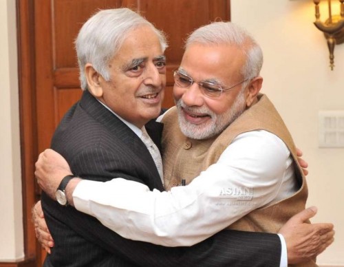  Peoples Democratic Party (PDP) patron Mufti Mohammad Sayeed calls on Prime Minister Narendra Modi in New Delhi, on Feb 27, 2015.