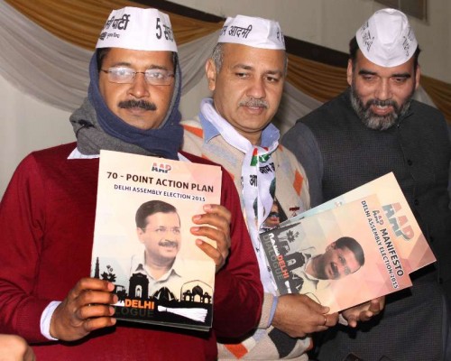  Aam Aadmi Party chief Arvind Kejriwal and other AAP leaders release Aam Aadmi party manifesto for upcoming Delhi assembly elections, in New Delhi on Jan 31, 2015