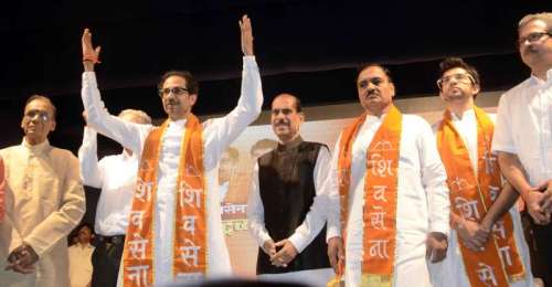 Shiv Sena chief Uddhav Thackeray, party leader Manohar Joshi, Yuva Sena chief Aditya Thackeray and others during a party meeting at Rang Sharda in Bandra of Mumbai 