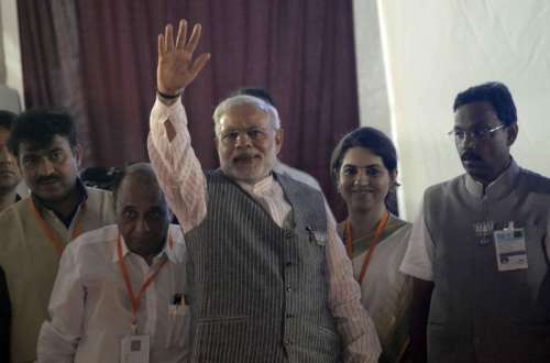 Prime Minister Narendra Modi during a BJP rally in Borivali of Mumbai on Oct.12, 2014. (Photo: Sandeep Mahankal/IANS)