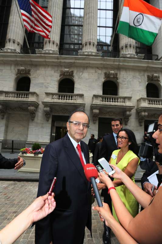 Union Minister for Finance, Corporate Affairs, and Information and Broadcasting Arun Jaitley arrives at the New York Stock Exchange in New York