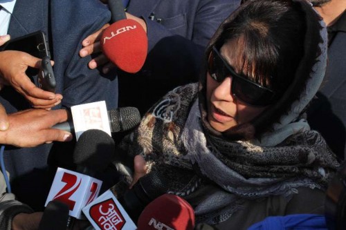 PDP leader Mehbooba Mufti addresses press after meeting Jammu and Kashmir Governor NN Vohra in Jammu, on Dec 31, 2014. 