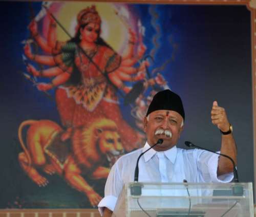 Rashtriya Swayamsevak Sangh (RSS) chief Mohan Bhagwat addresses during a programme organised on Sangh's foundation day and Vijaya Dashmi at Sangh's headquarters in Nagpur