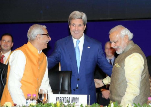 Prime Minister Narendra Modi with the US Secretary of State John Kerry, at the 7th Vibrant Gujarat Global Summit 2015, in Gandhinagar, Gujarat on Jan 11, 2015. Also seen Gujarat Governor of O.P. Kohli. 