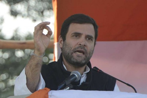 Congress vice president Rahul Gandhi addressing an election rally in New Delhi.