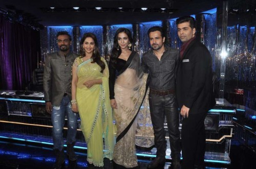 Choreographer Remo D`Souza, actors Madhuri Dixit, Humaima Malik, Emraan Hashmi and filmmaker Karan Johar on the sets of Jhalak Dikhhla Jaa 7 during the promotion of film Raja Natwarlal in Mumbai