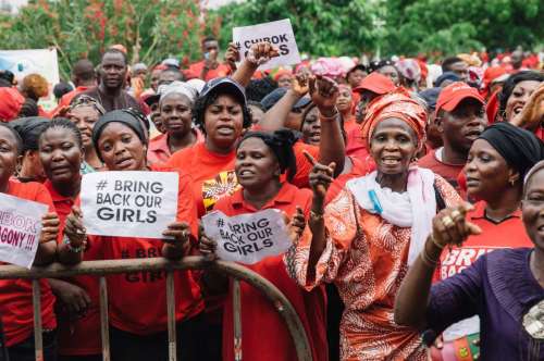 Protesters gather during a rally to demand the return of some 200 missing school girls abducted by Boko Haram in the state of Lagos, Nigeria