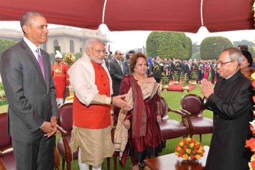  President Pranab Mukherjee and Prime Minister Narendra Modi with US President Barack Obama during the `At Home` function organised on Republic Day at Rashtrapati Bhawan in New Delhi, on Jan 26, 2015. 