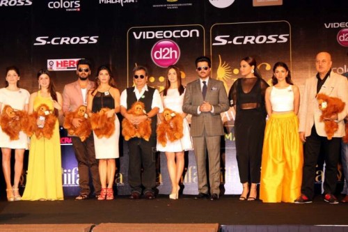 Bollywood celebrities Kanika Kapoor, Kainaat Arora, Arjun Kapoor, Jacqueline Fernandez, Subhash Ghai, Lauren Gottlieb, Anil Kapoor, Sonakshi Sinha, Aditi Rao Hydari and Anupam Kher during the inauguration of the 16th edition of International Indian Film Academy (IIFA) Weekend and Awards in Kuala Lumpur, Malaysia on June 4, 2015