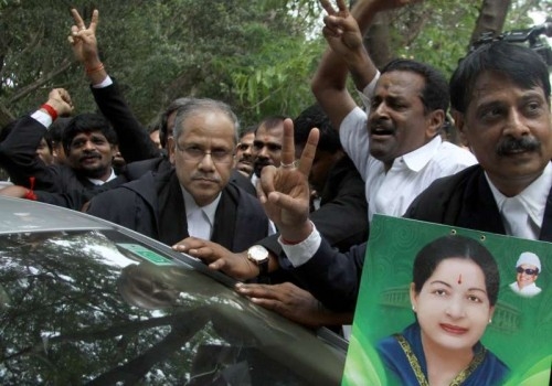 ormer Tamil Nadu chief minister J. Jayalalithaa`s lawyer B Kumar outside the Karnataka High Court after the court acquitted her in the Rs.66.65-crore disproportionate assets' case, in Bengaluru on May 11, 2015.