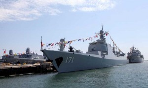 Chinese navy's Task Group 171, which include missile destroyer Haikou, missile frigate Yueyang and supply ship Qiandaohu, with a ship-borne helicopter and more than 700 soldiers and officers, anchors at Naval Base San Diego the United States.