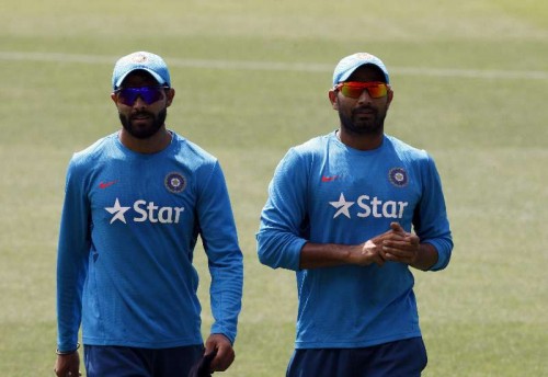  Indian cricketers Ravindra Jadeja and Mohammed Shami during an ICC World Cup practice session at Adelaide Oval in Adelaide, Australia on Feb 14, 2015.