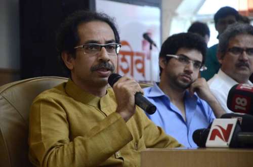 Shiv Sena chief Uddhav Thackeray and Yuva Sena chief Aditya Thackeray during a programme at Shiv Sena Bhawan in Mumbai. FILE PHOTO