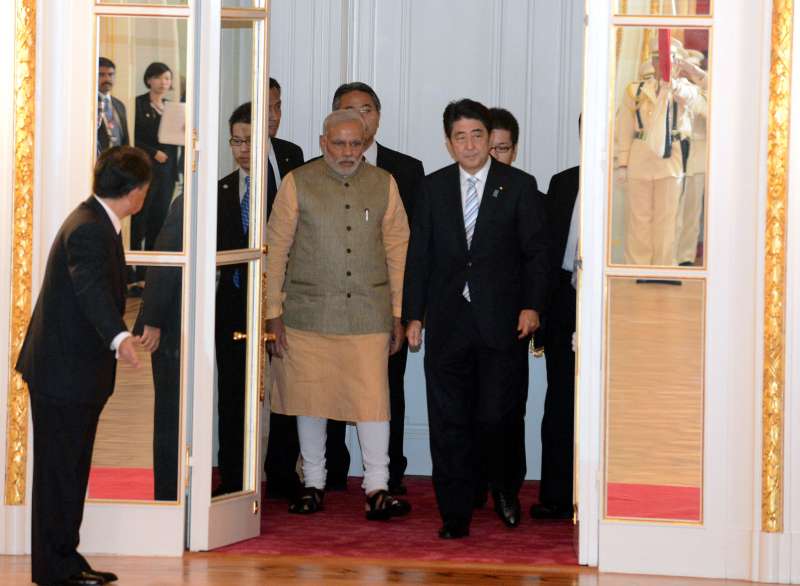  Modi (2nd R, front ) meets with his Japanese counterpart Shinzo Abe (1st R, front) in Tokyo, Japan, on Sept. 1, 2014. Modi started a five-day official visit to Japan on Aug. 30. (Xinhua/Ma Ping)